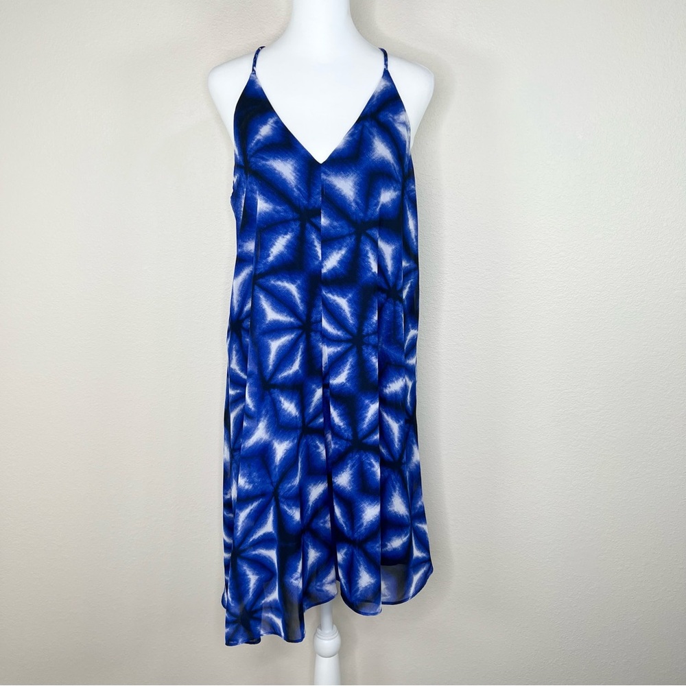 Calvin Klein Blue Chiffon Sleeveless V-Neck Flowy Asymmetric Trapeze Dress - Picture 2 of 12